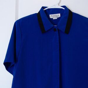 VTG 16P Reina New York Colorblock Hidden Buttons Blue Black Blouse Career Work